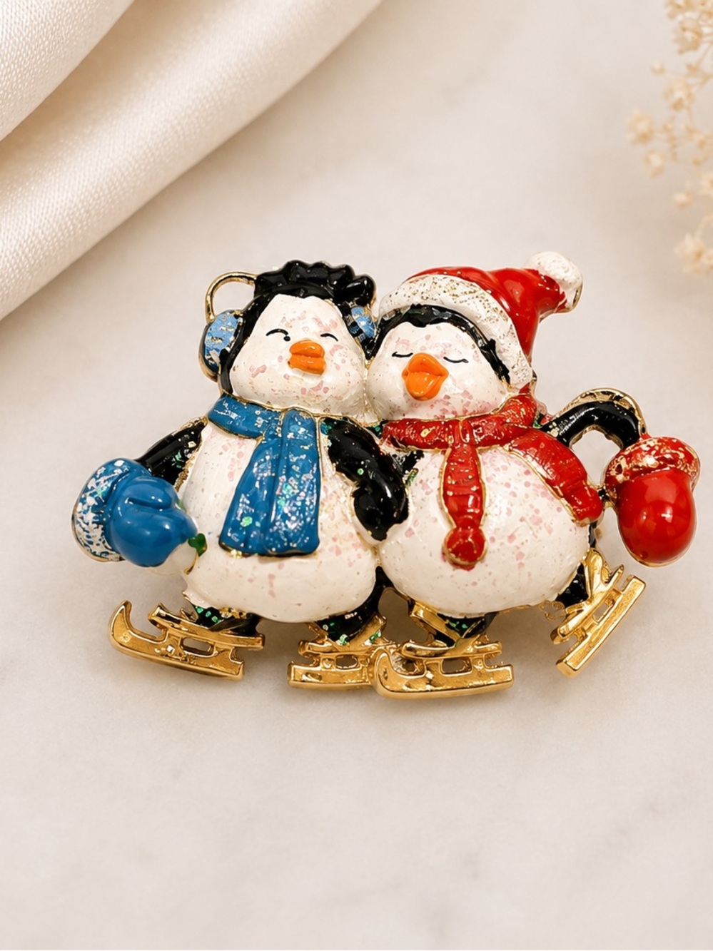 Vintage Holiday Christmas Ice Skating Penguin Brooch